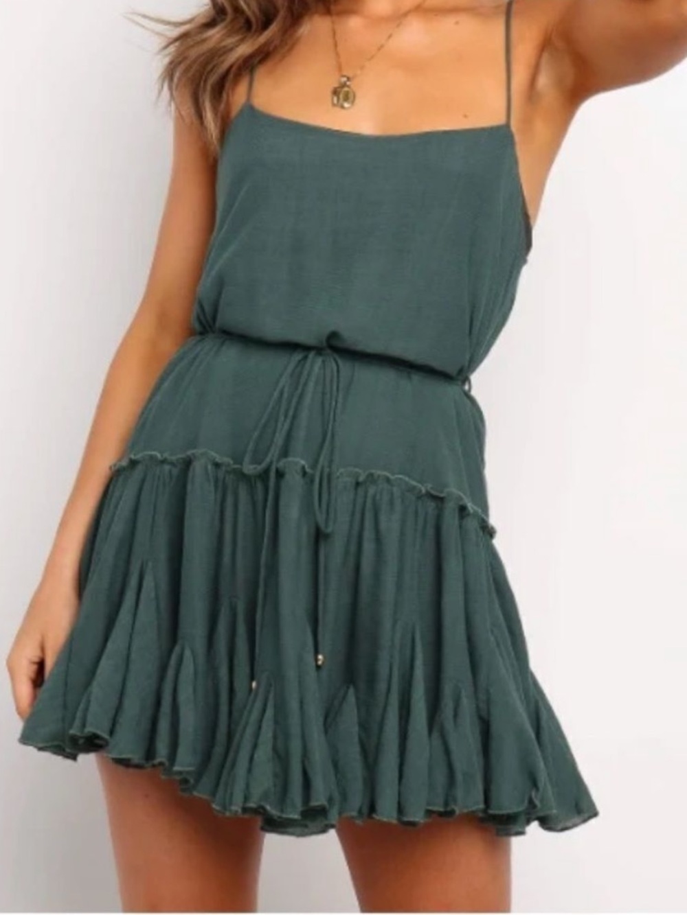 Indikah Spaghetti Strap Babydoll Ruffled Mini Dress in Forest Green